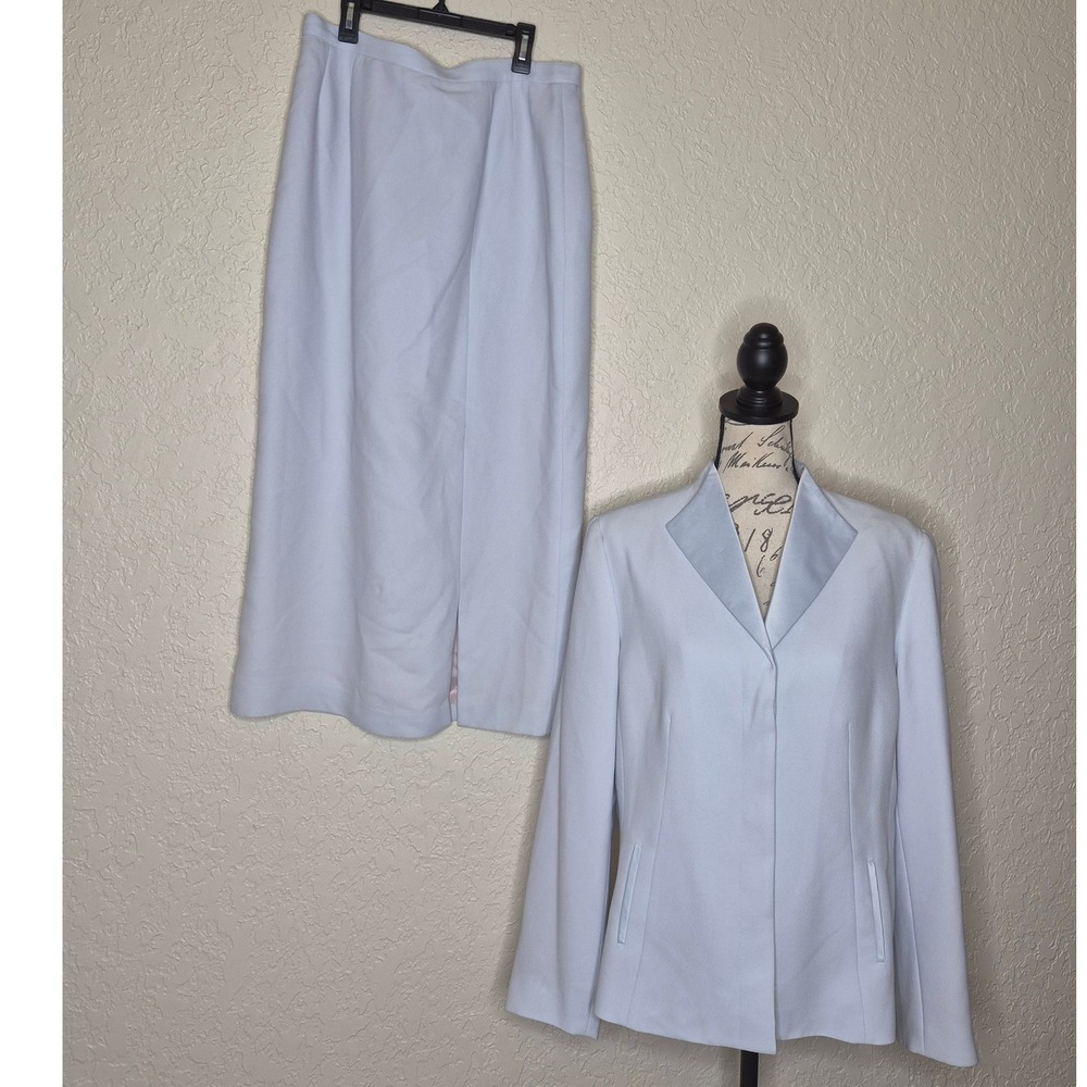 Kasper ASL Light Blue Skirt Suit Set Blazer Midi Skirt Size 14 Professional